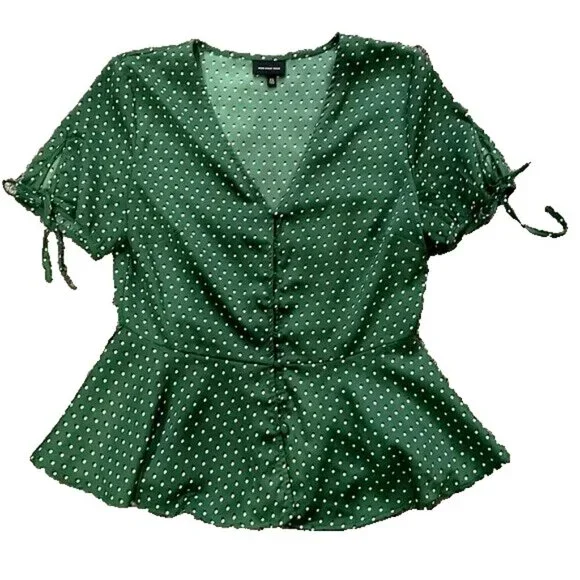 Who What Wear Sz M Shadow Green Polka Dot Tie Sleeve Button Peplum Womens Blouse - Picture 2 of 7